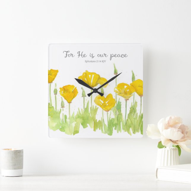 Bible Scripture California Poppies He is Our Peace Square Wall Clock (Home)