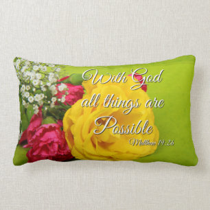 Bible Scripture Pink Yellow Roses Matthew 19:26 Lumbar Cushion