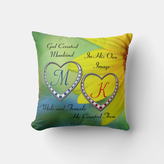 Bible Scripture Text with Double Heart Monograms Cushion (Front)