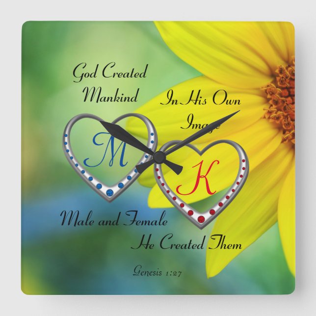 Bible Scripture Text with Double Heart Monograms T Square Wall Clock (Front)
