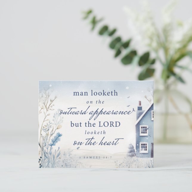 Bible Verse 1 Samuel 16:7 Blue Watercolour Postcard (Standing Front)