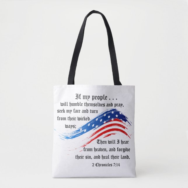 Bible Verse 2 Chronicles 7:14, USA Flag, Tote Bag (Front)