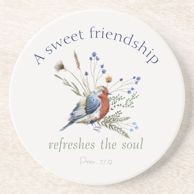 Bible Verse ‘A Sweet Friendship’ Watercolor Bird  Coaster (Front)