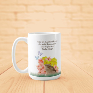 Bible verse and a bird among hibiscus- Coffee mug