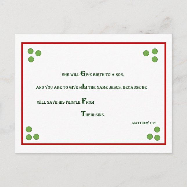 Bible Verse Christmas Post Card - Matthew 1:21 (Front)