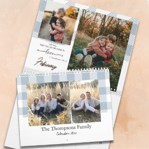 Bible Verse Dusty Blue Buffalo Plaid Family Photo Calendar