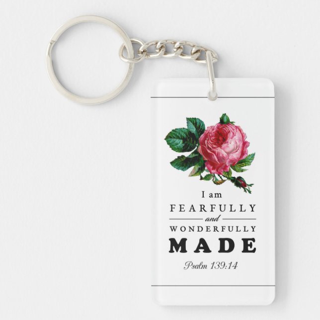 Bible Verse Fearfully and Wonderfully Made Rose Key Ring (Front)