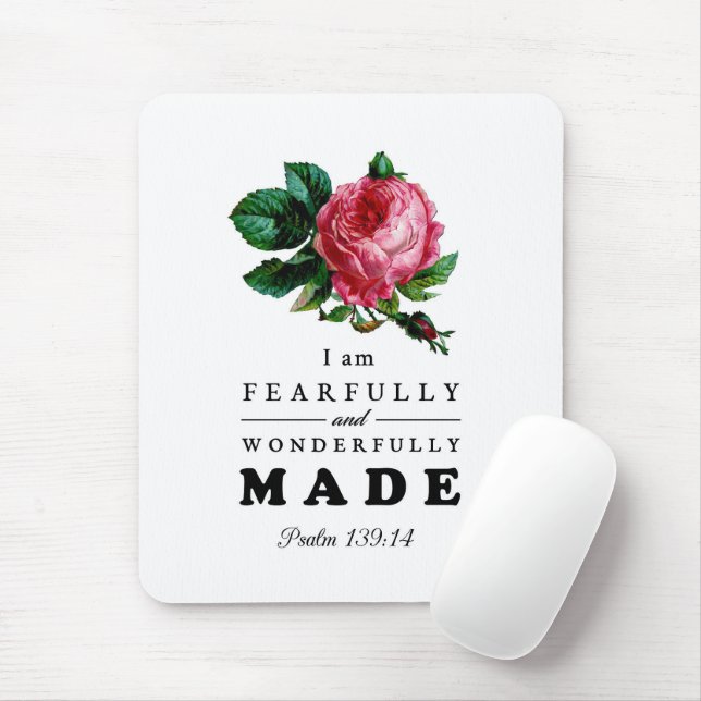 Bible Verse Fearfully and Wonderfully Made Rose Mouse Mat (With Mouse)