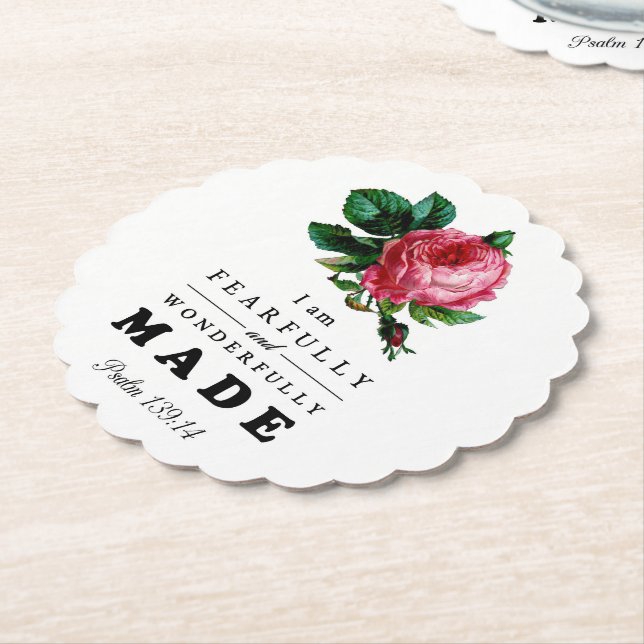 Bible Verse Fearfully and Wonderfully Made Rose Paper Coaster (Angled)