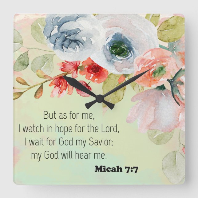 Bible Verse Floral Square Wall Clock (Front)