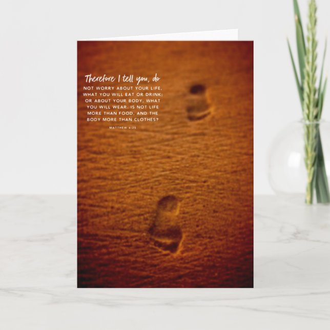 Bible Verse Footprints Sand Matthew 6:25 Card (Front)