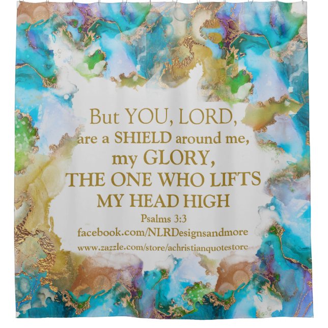Bible Verse God Lifts My Head High Marble Design Shower Curtain (Front)