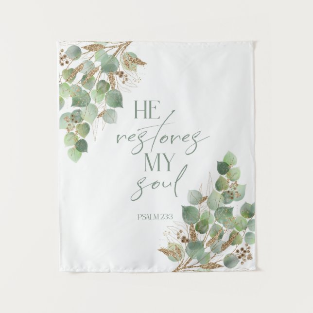 Bible Verse Greenery He restores my soul Tapestry (Front)
