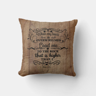 Bible Verse Heart is Overwhelmed Brown Rustic Wood Cushion
