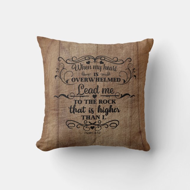 Bible Verse Heart is Overwhelmed Brown Rustic Wood Cushion (Front)