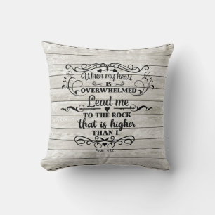 Bible Verse Heart is Overwhelmed Grey Rustic Wood Cushion