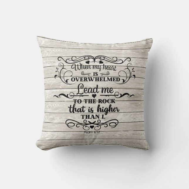 Bible Verse Heart is Overwhelmed Grey Rustic Wood Cushion (Front)