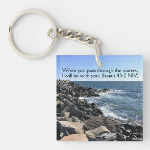Bible Verse I Will Be with You Photo of Ocean Key Ring