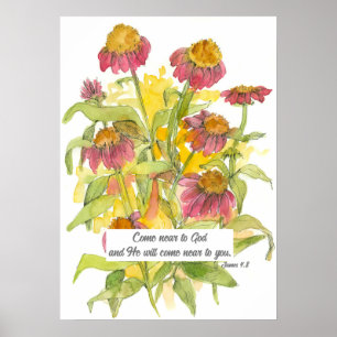 Bible Verse James 4 Pink Coneflowers Religious Poster