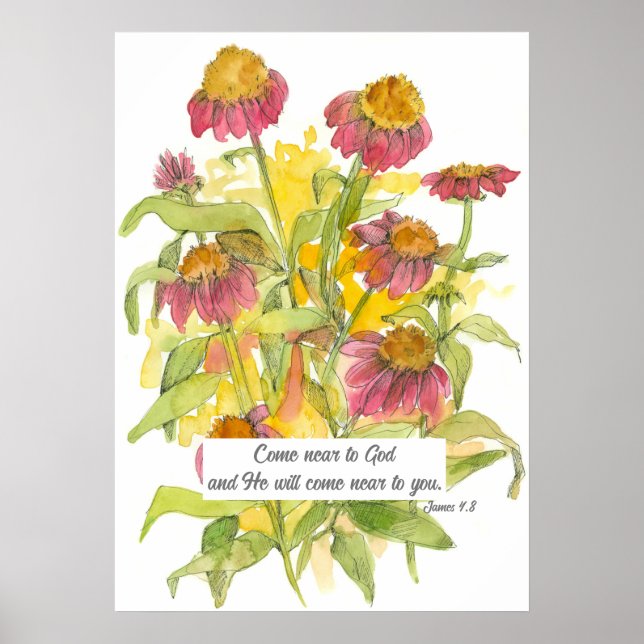 Bible Verse James 4 Pink Coneflowers Religious Poster (Front)