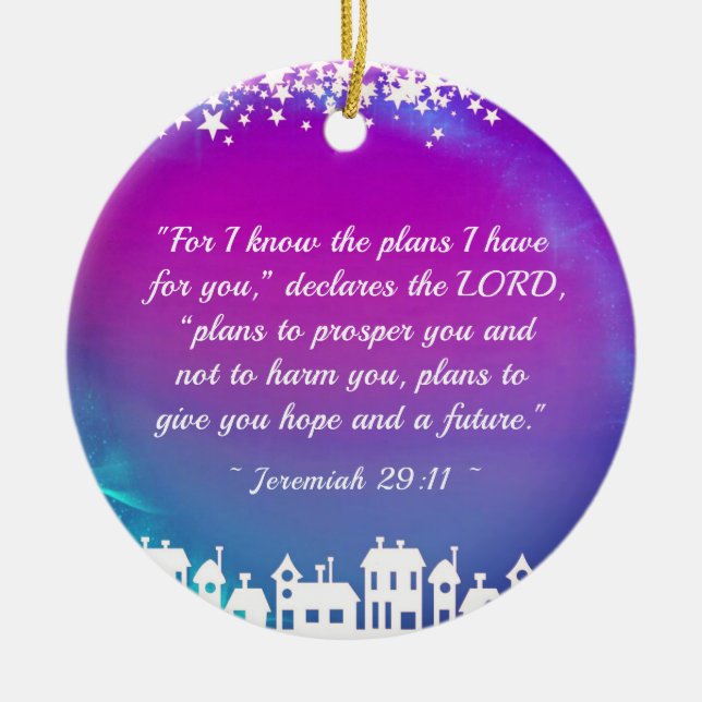 Bible Verse Jeremiah 29:11 Christmas Village Ceramic Tree Decoration (Front)