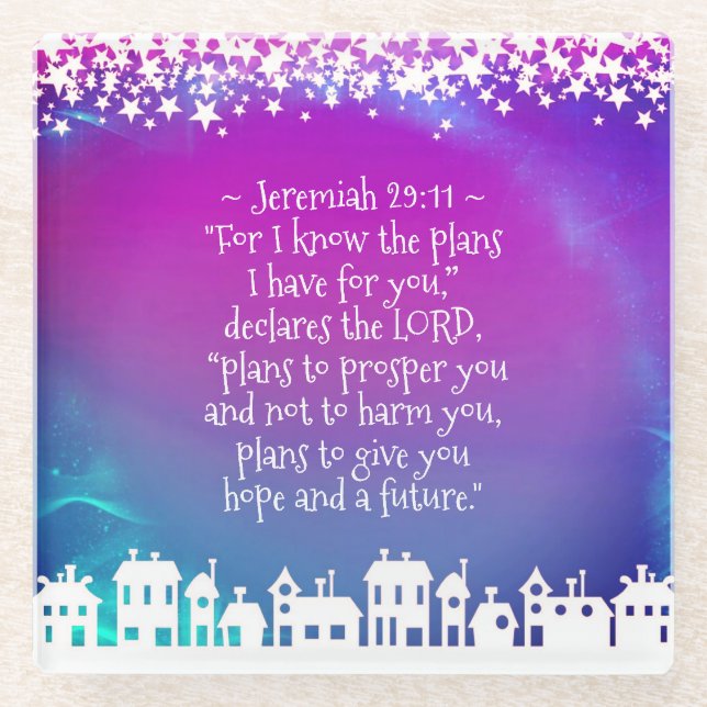 Bible Verse Jeremiah 29:11 Stars and Houses Glass Coaster (Front)