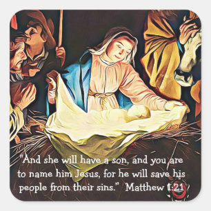 Bible Verse, Matthew 1:21 Mary and Jesus Christmas Square Sticker