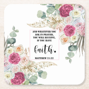 Bible verse Matthew Floral Square Paper Coaster