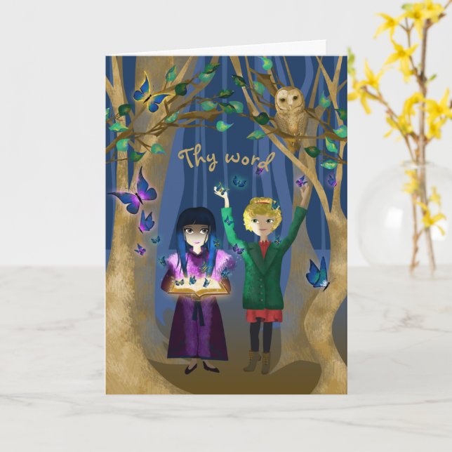 Bible verse, Owl, Butterflies Storybook Art Card (Yellow Flower)