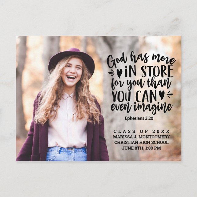 Bible Verse Photo Typography Graduation Announcement Postcard (Front)