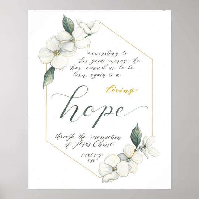 Bible Verse print, 1 Peter 1:3, dogwood flowers Poster (Front)