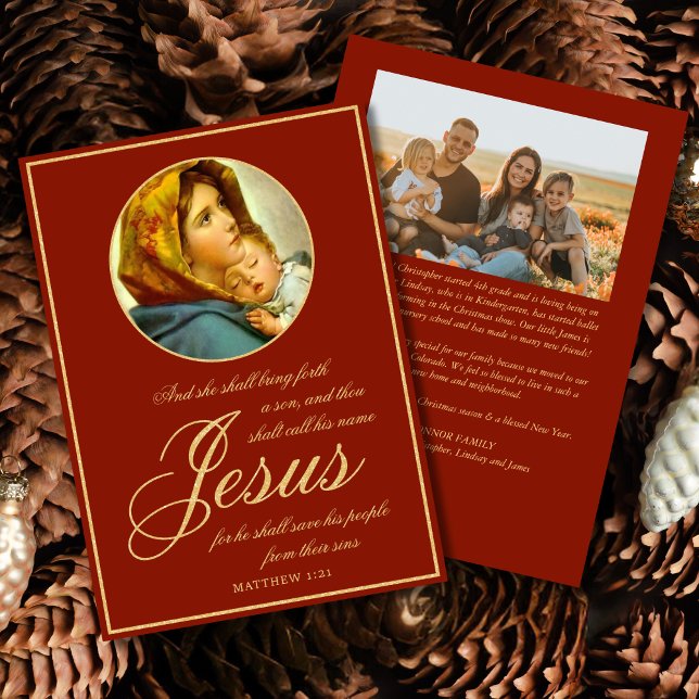 Bible Verse Religious Christmas Card with Photo (Religious Christmas card with Madonna and Child and Bible verse for Catholics and Christians)