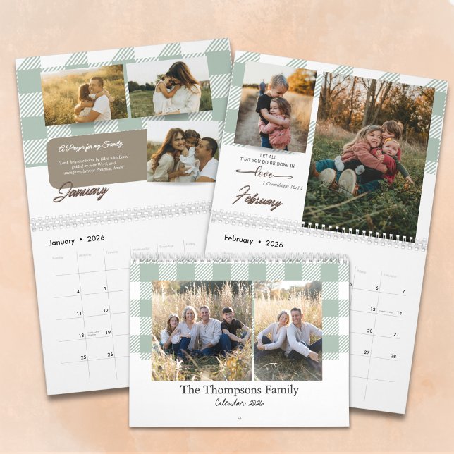 Bible Verse Sage Green Buffalo Plaid Family Photo Calendar (Creator Uploaded)