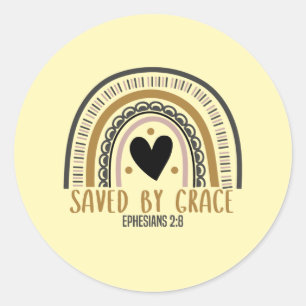 Bible Verse - Saved By Grace with Boho Rainbow Cla Classic Round Sticker