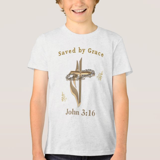 Bible Verse Scripture John 3:16 saved by Grace Tri-Blend Shirt (Front)