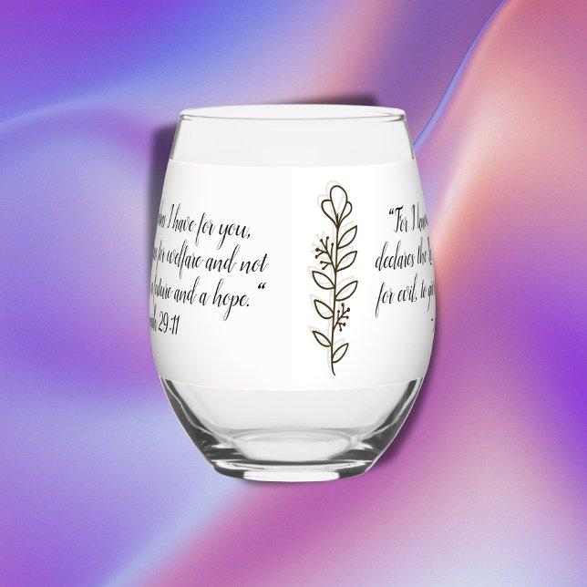 Bible Verse Simple Botanical Brown and White | Stemless Wine Glass (Creator Uploaded)