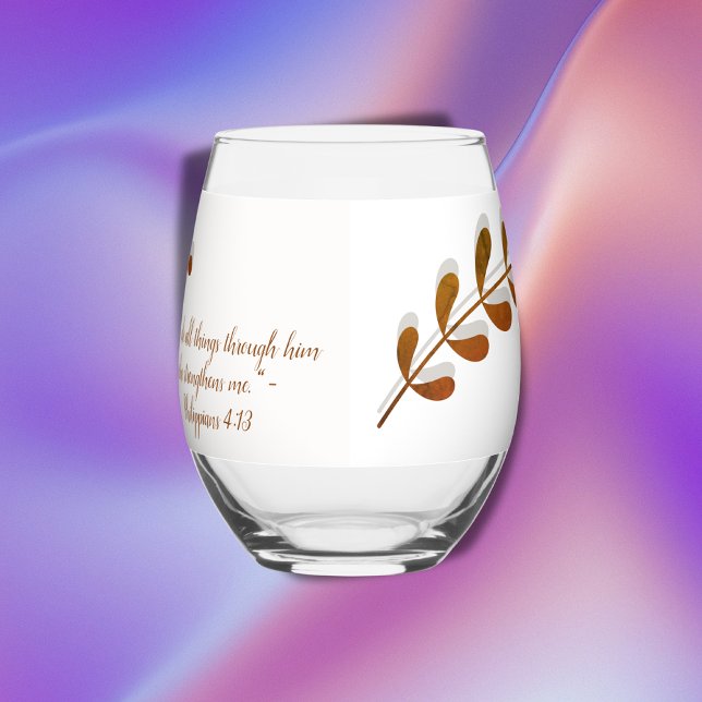 Bible Verse Simple Botanical Brown and White | Stemless Wine Glass (Creator Uploaded)