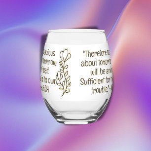 Bible Verse Simple Botanical Brown and White    Stemless Wine Glass