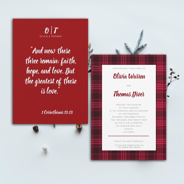 Bible Verse Winter Cosy Red Plaid Elegant Wedding Invitation (Bible verse winter wedding invitation cozy Christmas red plaid elegant rustic snow holidays mountain)