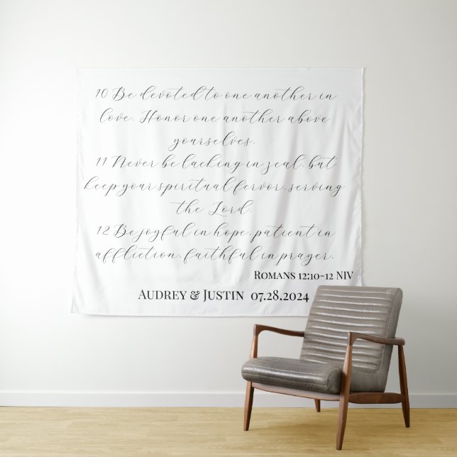 Bible Wedding Backdrop Banner Romans 12:10-12 Tapestry (In Situ (Horizontal))