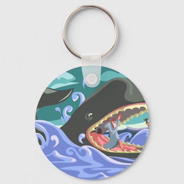 Biblical Jonah and the Whale Ocean Scene Key Ring (Front)