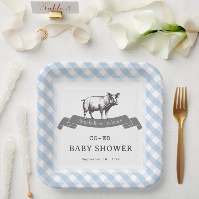 Bibs & Ribs BBQ Rustic Blue Gingham Baby Shower Paper Plate (Wedding)