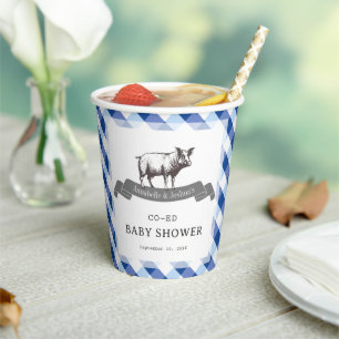 Bibs & Ribs BBQ Rustic Navy Gingham Baby Shower Paper Cups