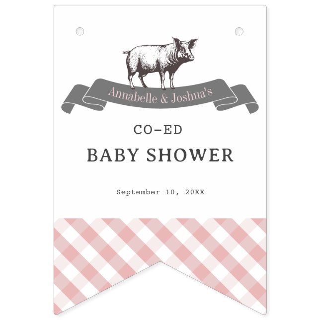 Bibs & Ribs BBQ Rustic Pink Gingham Baby Shower Bunting (Second Flag)