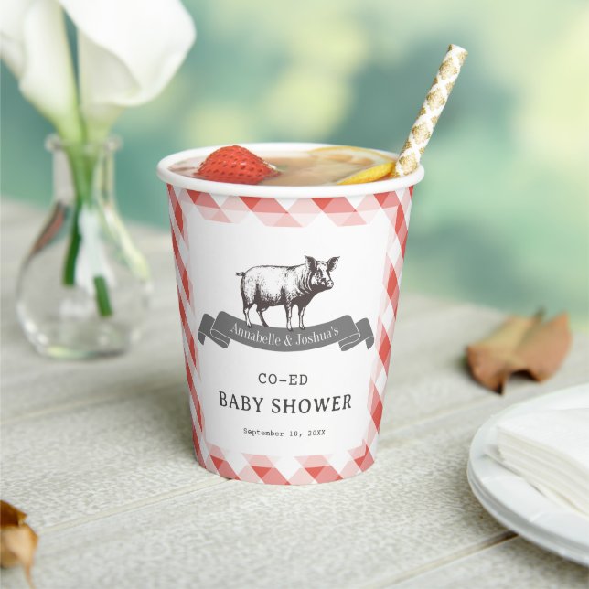 Bibs & Ribs BBQ Rustic Red Gingham Baby Shower Paper Cups (Insitu)