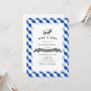 Bibs & Ribs Rustic Navy Gingham Co-Ed Baby Shower Invitation