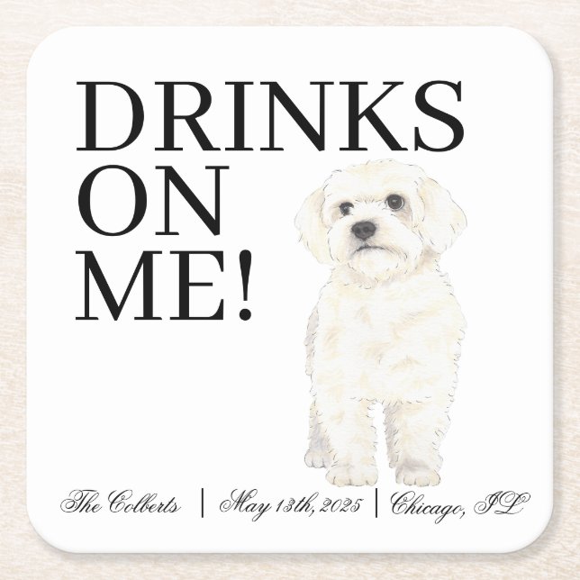 Bichon, Bolognese, Havanese, Maltese Wedding Square Paper Coaster (Front)
