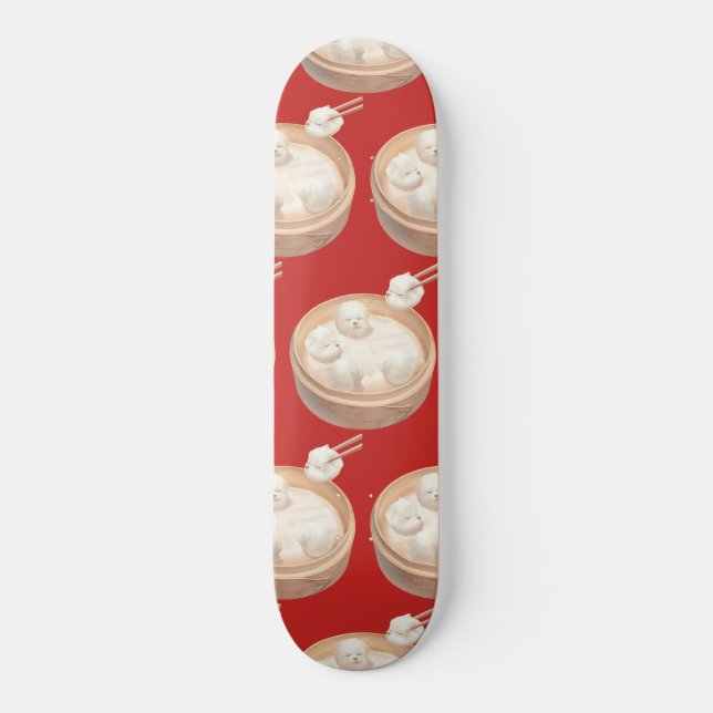 Bichon Dumplings: Cute Xiao Long Bao Dim Sum Art Skateboard (Front)