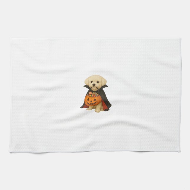 Bichon Fris� Halloween Vampire Pup with Pumpkin Ba Tea Towel (Horizontal)
