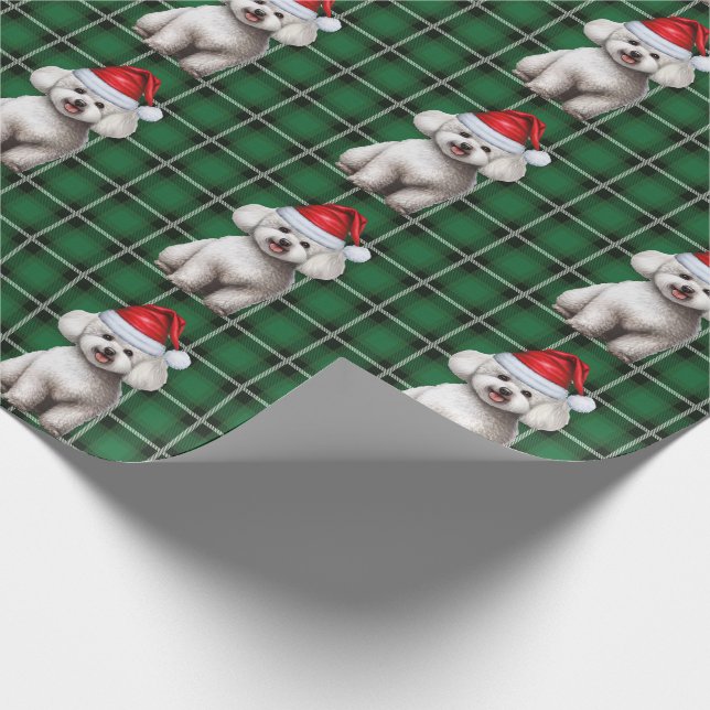 Bichon Frise and Green Holiday Plaid Christmas Wrapping Paper (Corner)